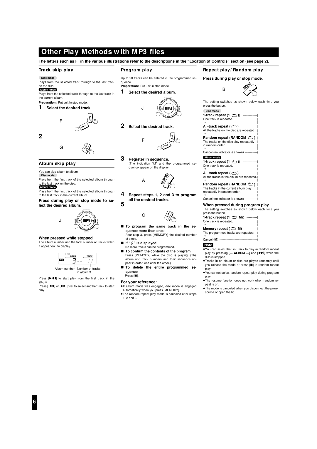 Panasonic SL-MP30 Other Play Methods with MP3 ﬁles, Track skip play Program play Repeat play/Random play, Album skip play 