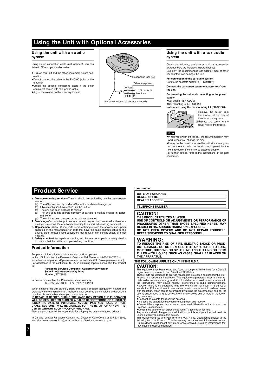 Panasonic SL-MP30 Using the Unit with Optional Accessories, Product Service, Using the unit with an audio system 