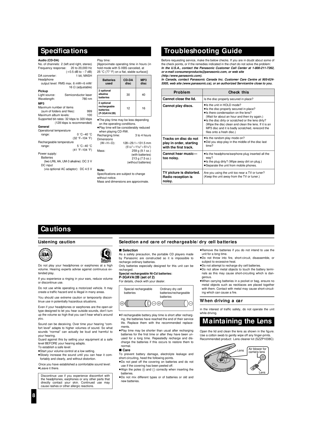 Panasonic SL-MP30 Speciﬁcations, Troubleshooting Guide, Maintaining the Lens, When driving a car, Problem Check this 