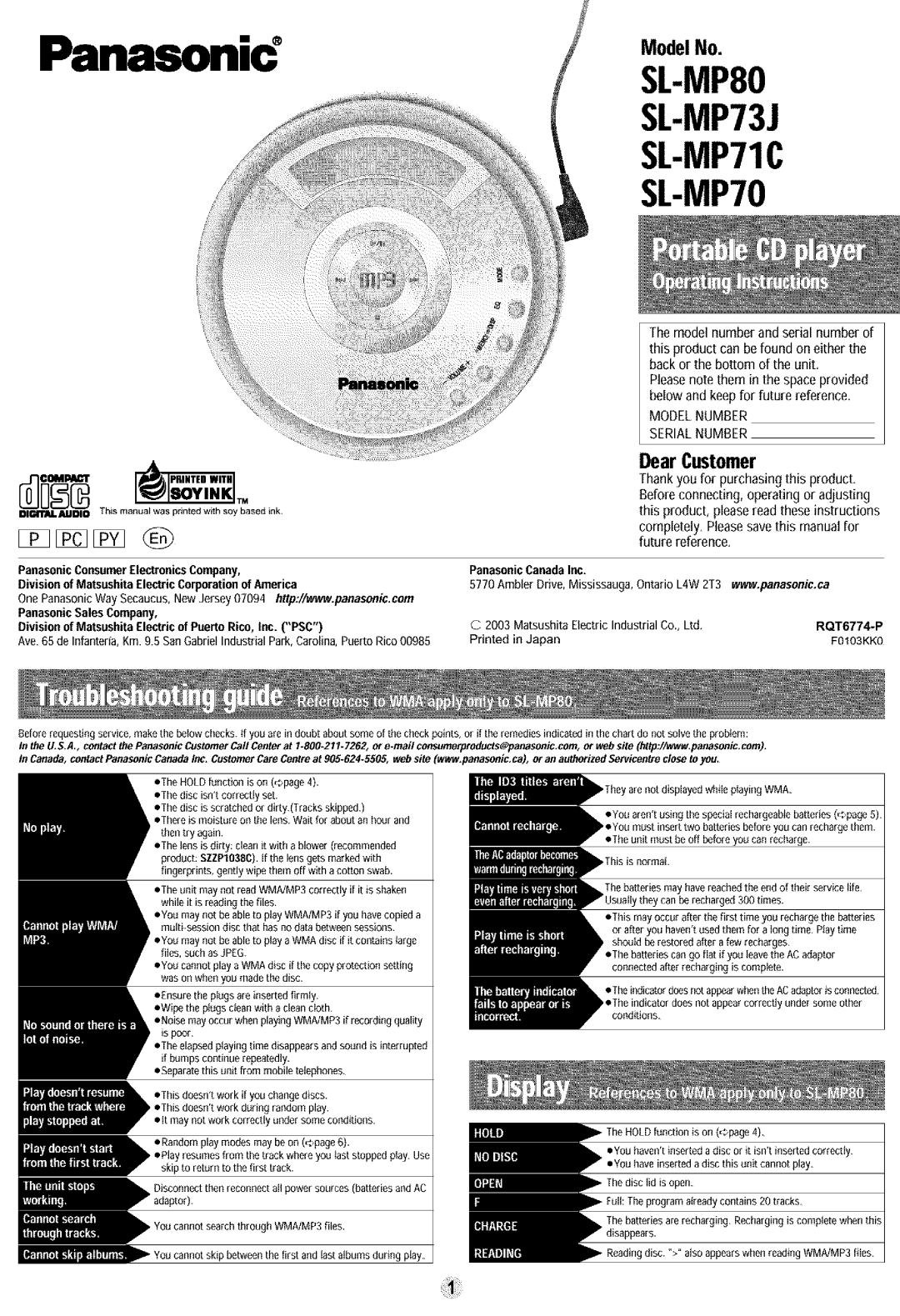 Panasonic SL-MP80, SL-MP70 manual ModelNo, DearCustomer, Completely, Pleasesave this manual for future reference, FOIO3KKO 