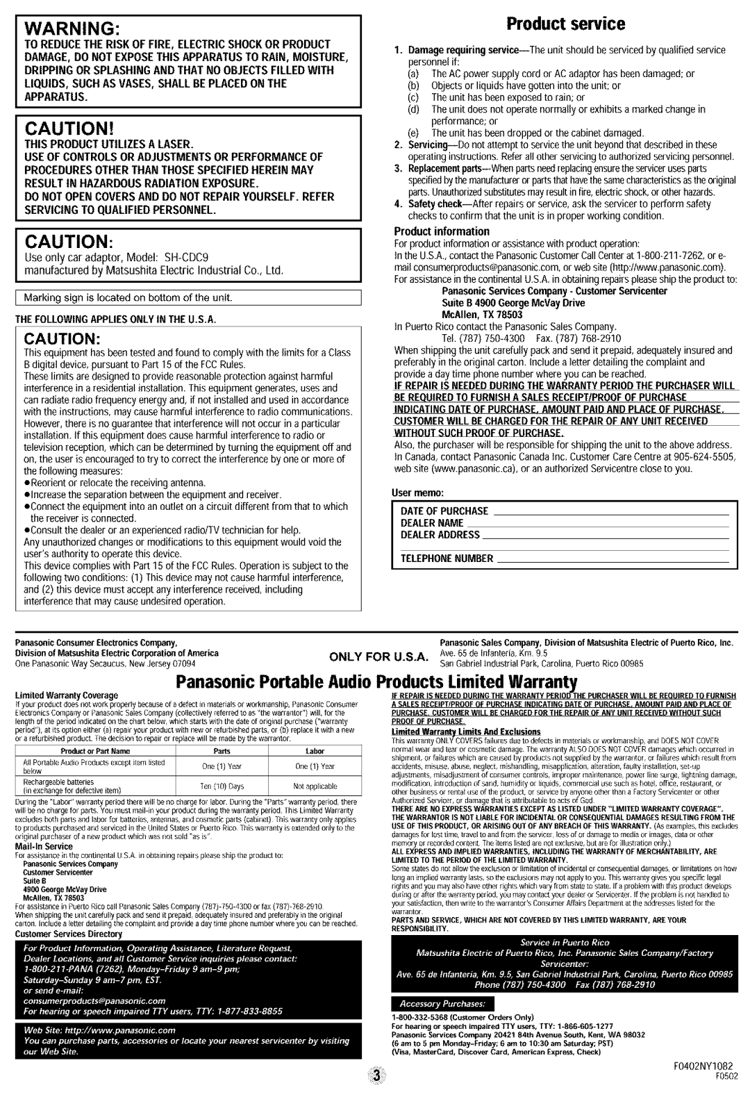 Panasonic SL-MP73J, SL-MP70, SL-MP80, SL-MP71C manual Product service, Useonly car adaptor, Model SH-CDC9, Only for U.S.A 