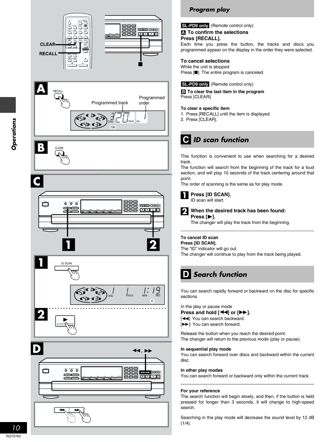 Panasonic SL-PD9, SL-PD7A manual ID scan function, Search function, Program play 