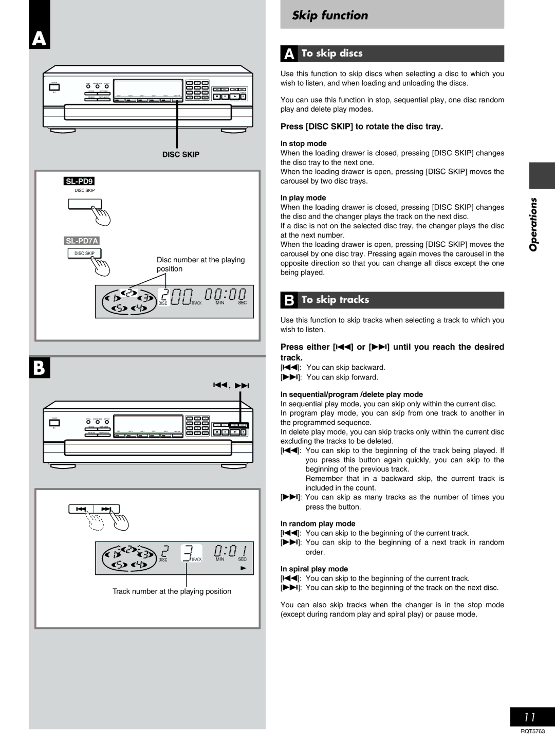 Panasonic SL-PD7A, SL-PD9 manual Skip function, To skip discs, To skip tracks, Press Disc Skip to rotate the disc tray 