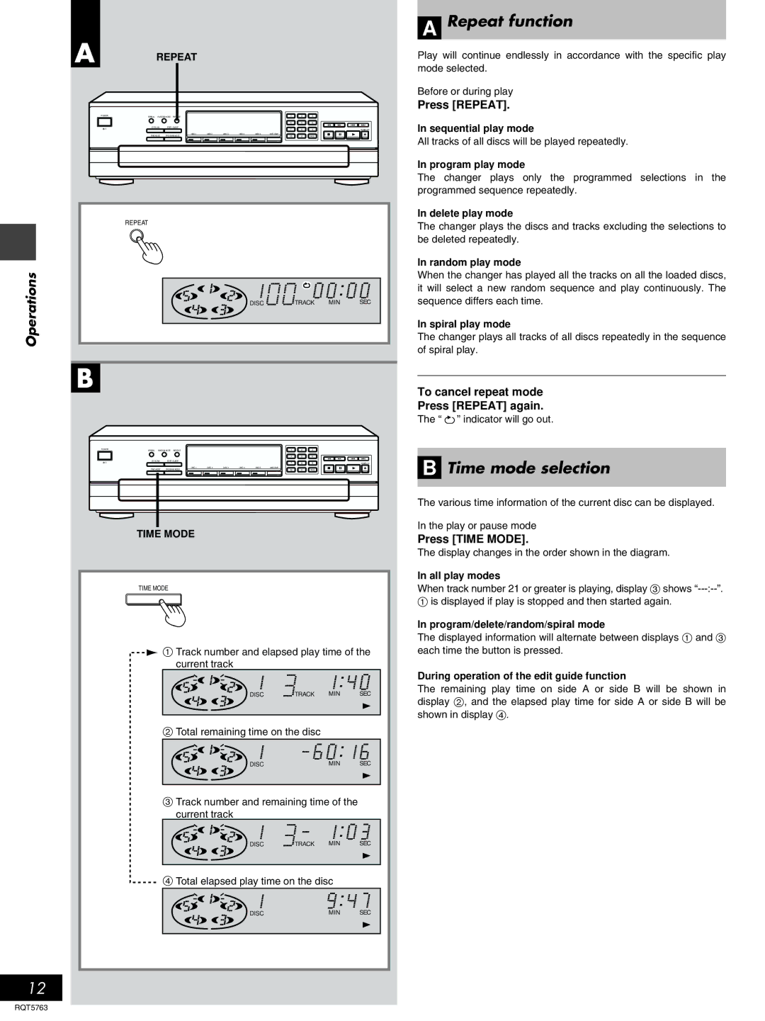 Panasonic SL-PD9 manual Repeat function, Time mode selection, To cancel repeat mode Press Repeat again, Press Time Mode 