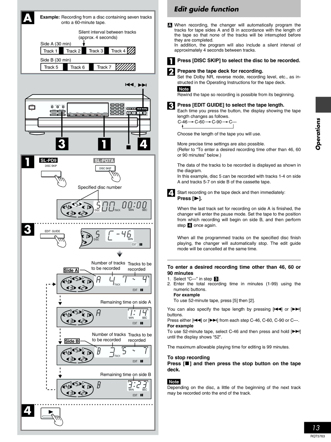 Panasonic SL-PD7A, SL-PD9 manual Edit guide function, Press Edit Guide to select the tape length 