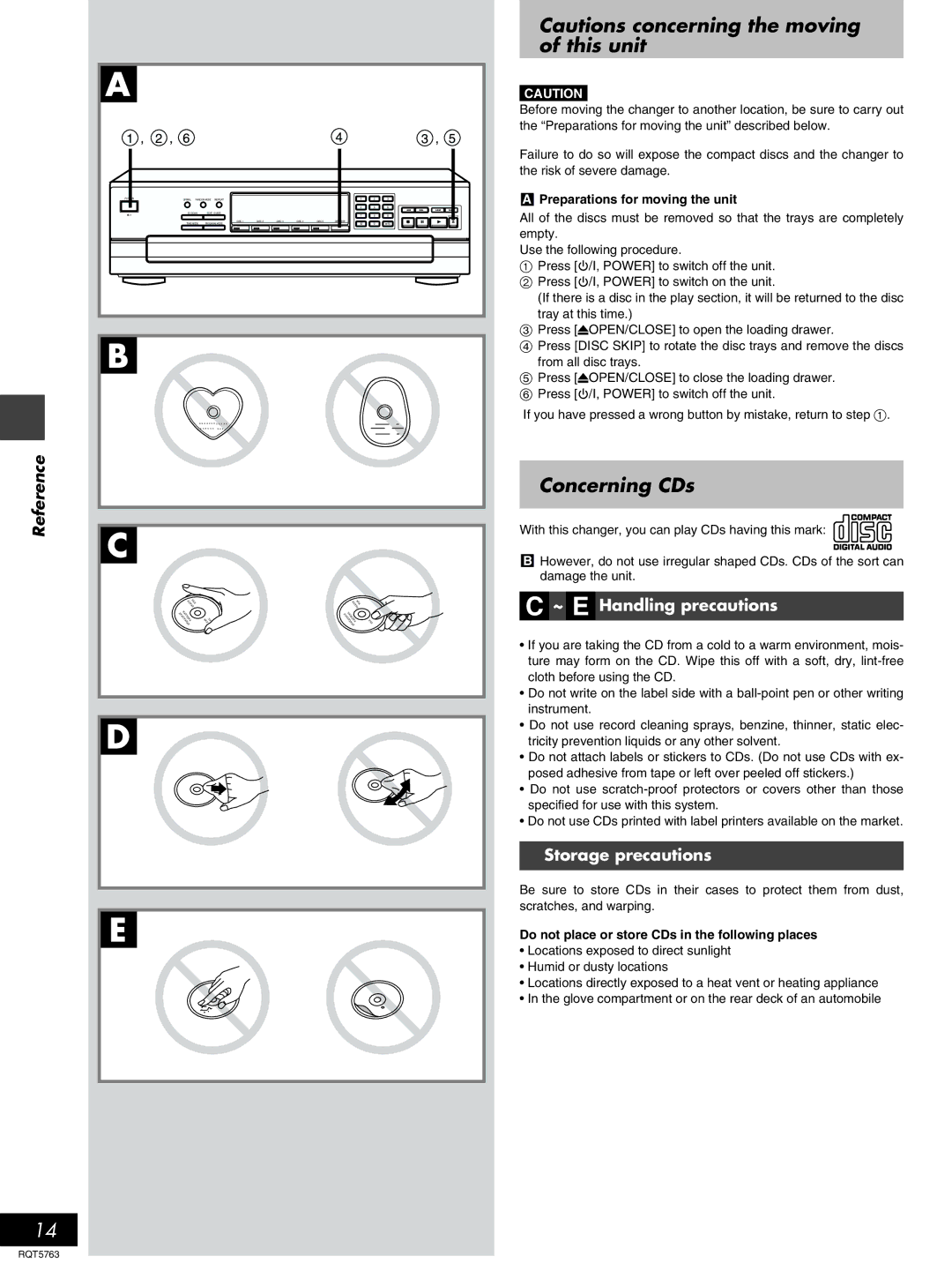 Panasonic SL-PD9, SL-PD7A manual Concerning CDs, Reference, ~ E Handling precautions, Storage precautions 