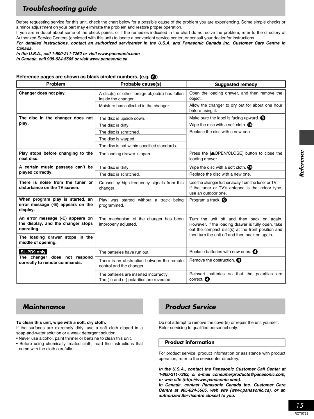 Panasonic SL-PD7A, SL-PD9 manual Troubleshooting guide, Maintenance, Product Service, Product information 