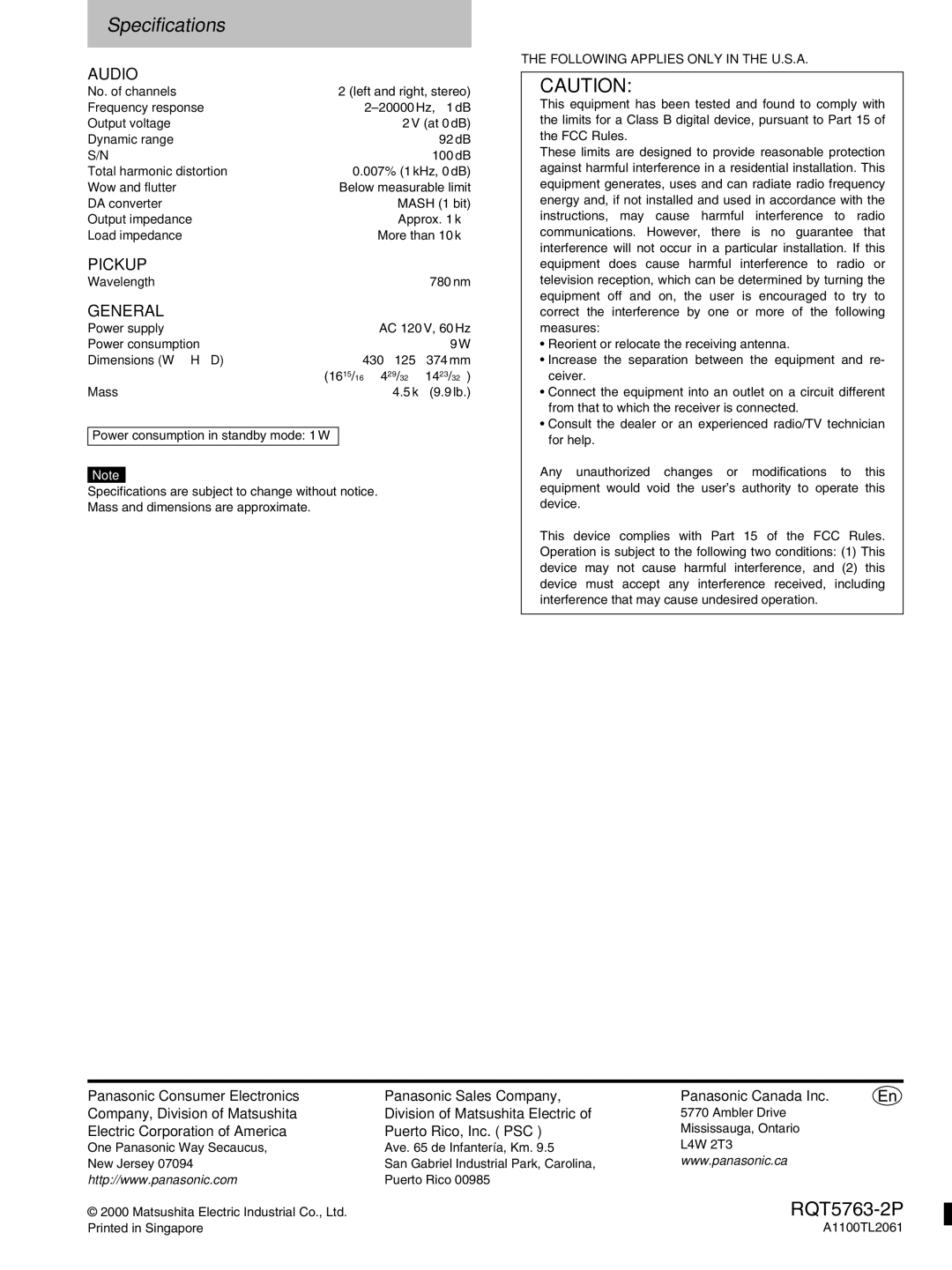 Panasonic SL-PD9, SL-PD7A manual Specifications, Electric Corporation of America Puerto Rico, Inc. PSC 