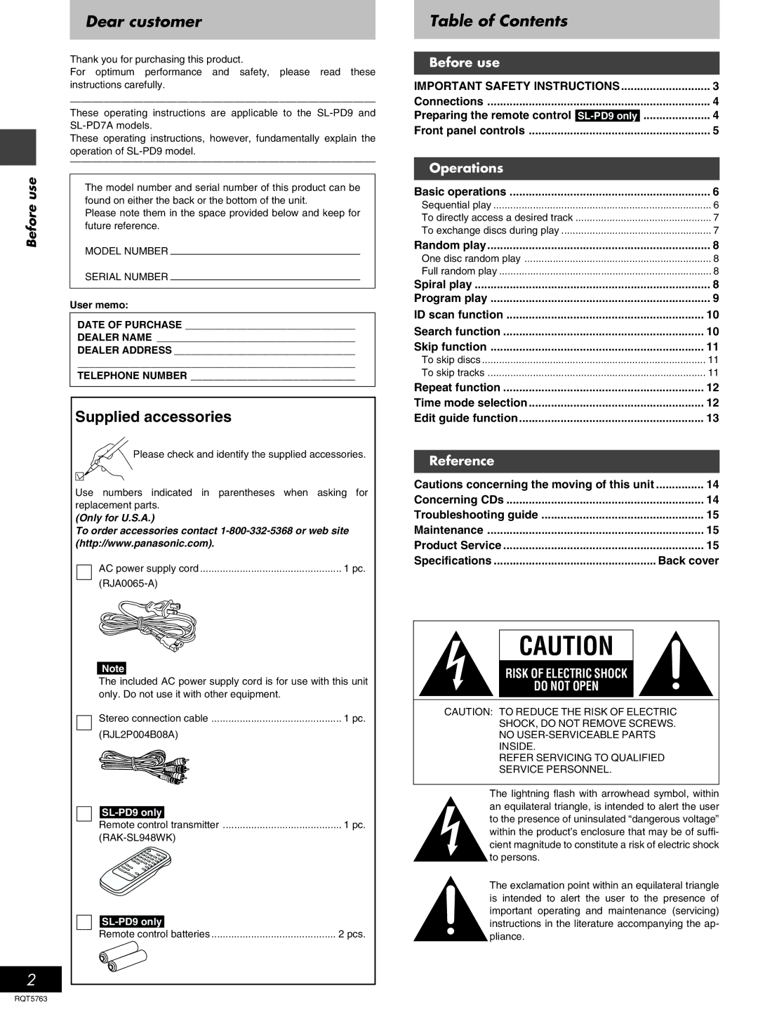 Panasonic SL-PD9, SL-PD7A manual Dear customer Table of Contents 