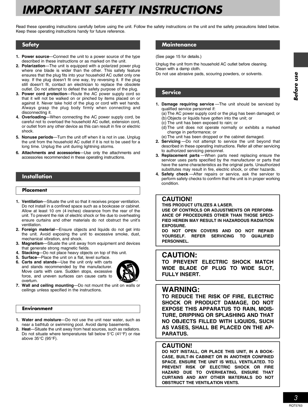 Panasonic SL-PD7A, SL-PD9 manual Safety, Installation Maintenance, Service, Placement, Environment 