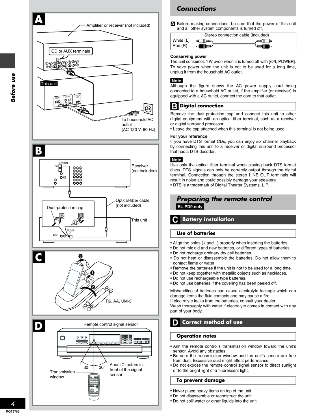 Panasonic SL-PD9, SL-PD7A manual Connections, Preparing the remote control, Battery installation, Correct method of use 