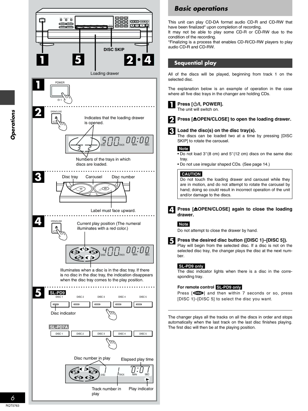 Panasonic SL-PD9, SL-PD7A manual Basic operations, Operations, Sequential play 