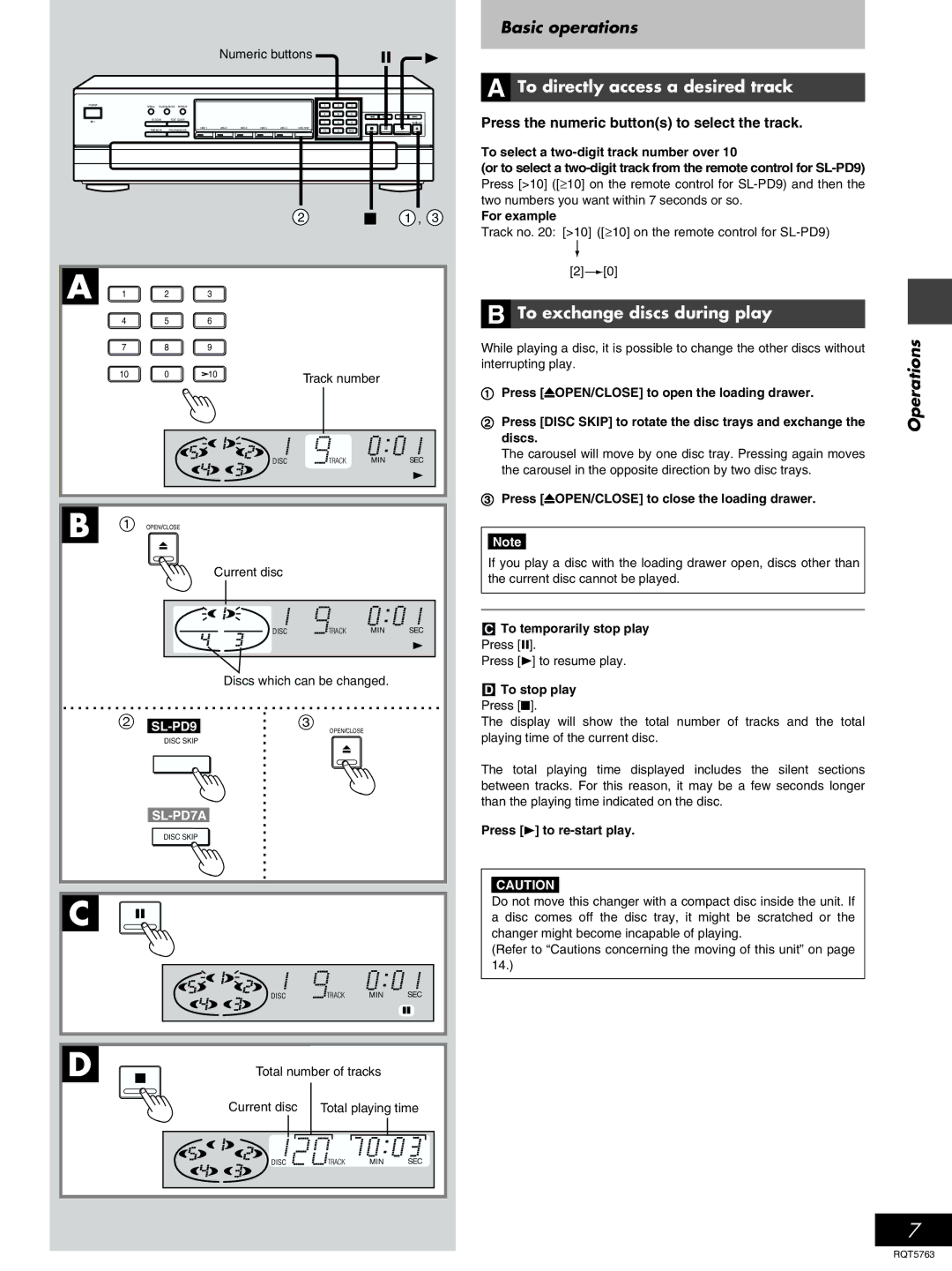 Panasonic SL-PD7A, SL-PD9 manual Basic operations, To directly access a desired track, To exchange discs during play 