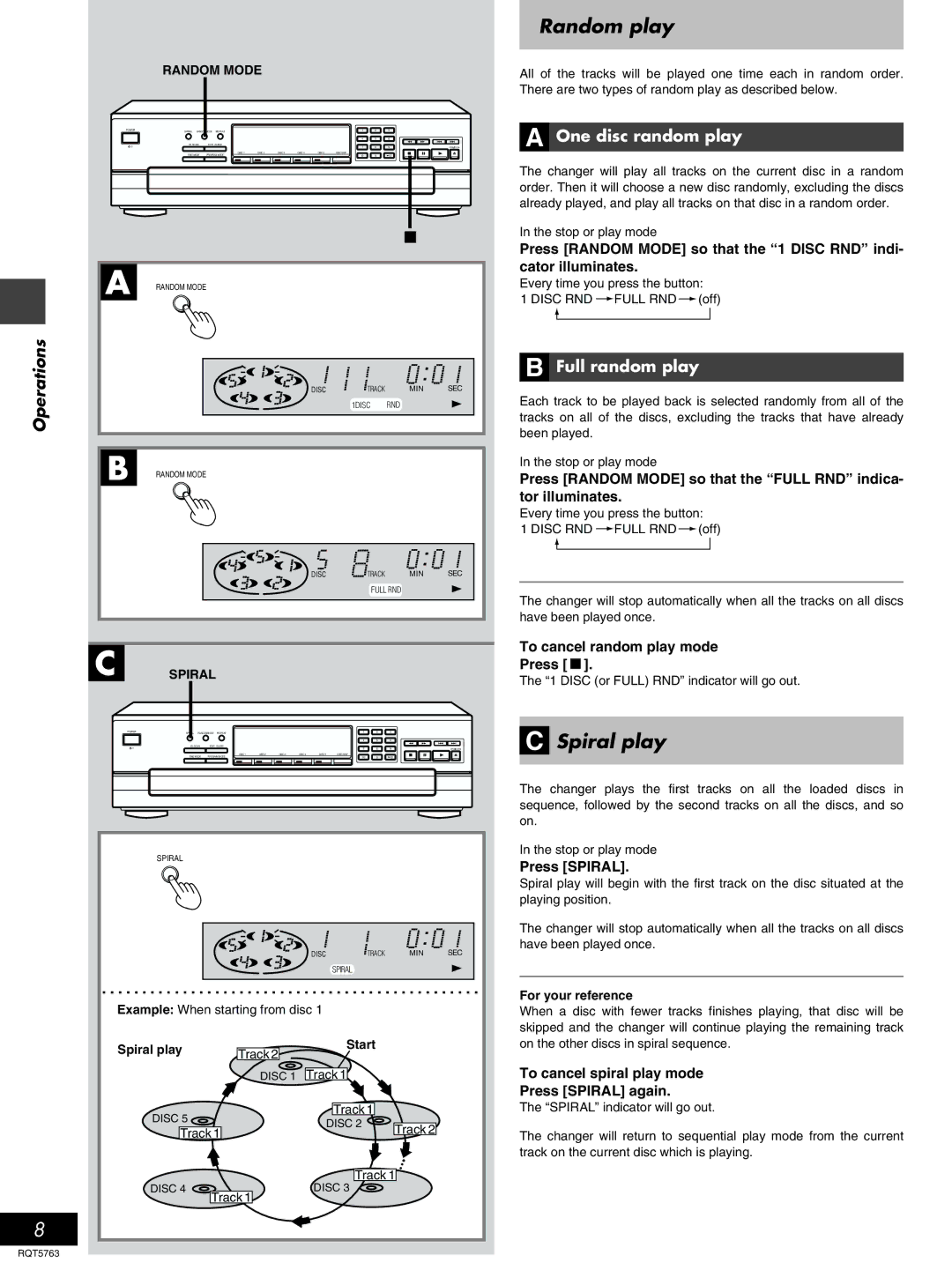 Panasonic SL-PD9, SL-PD7A manual Random play, Spiral play, One disc random play, Full random play 