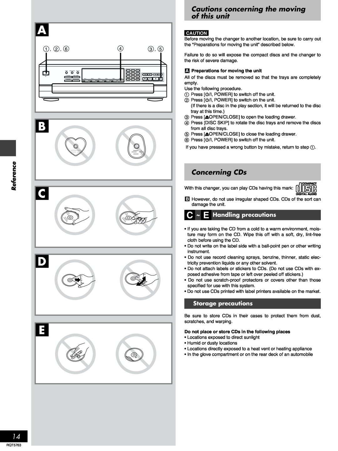 Panasonic SL-PD9 manual Cautions concerning the moving of this unit, Concerning CDs, Reference, C ~ E Handling precautions 