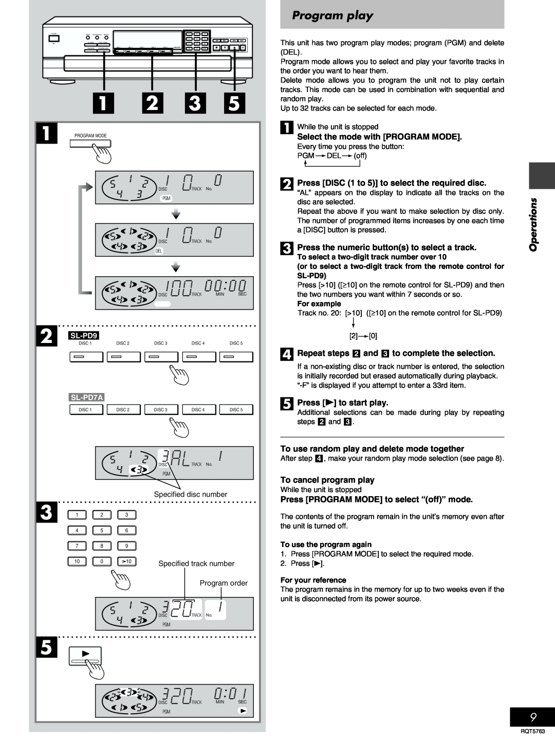 Panasonic SL-PD7A Program play, Operations, Select the mode with PROGRAM MODE, Press the numeric buttons to select a track 