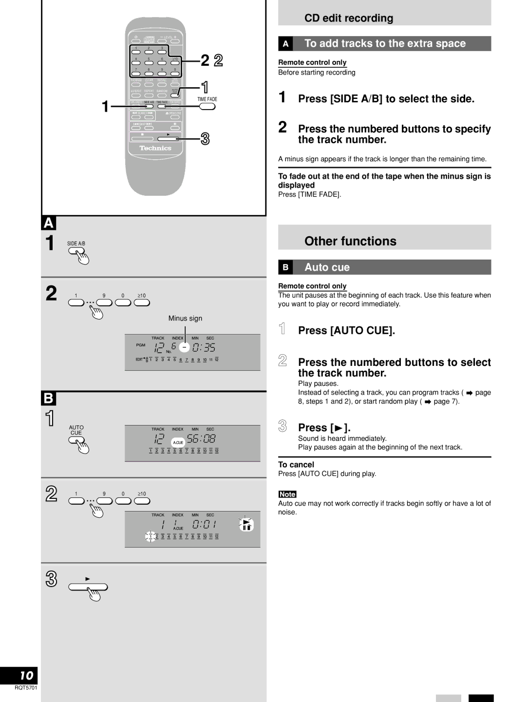 Panasonic SL-PG4 manual Other functions, CD edit recording, To add tracks to the extra space, Auto cue 