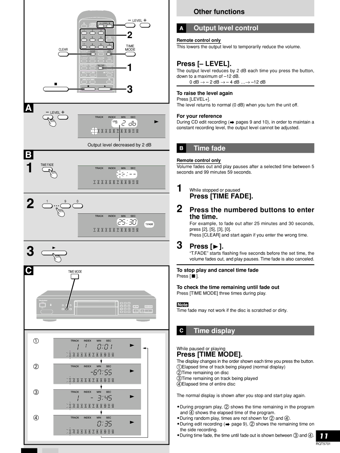 Panasonic SL-PG4 manual Output level control, Time fade, Time display 