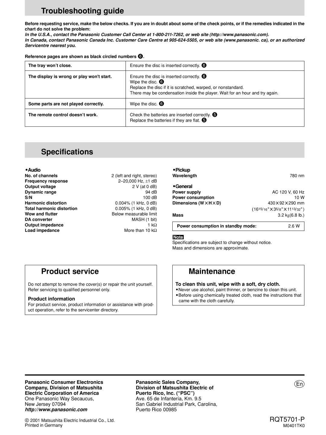 Panasonic SL-PG4 manual Troubleshooting guide, Specifications, Product service, Maintenance 