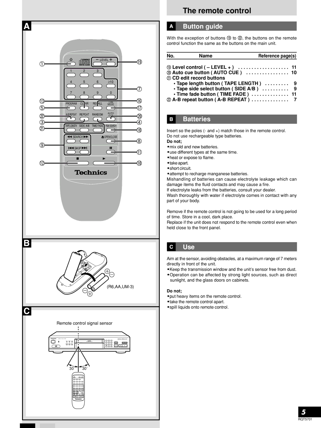 Panasonic SL-PG4 manual Remote control, Button guide, Batteries, Use, Do not 