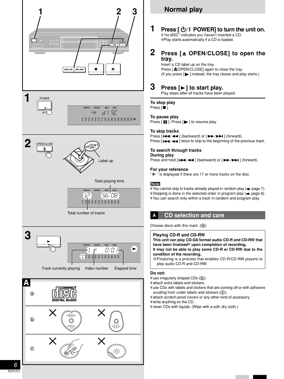 Panasonic SL-PG4 Normal play, Press H/ I Power to turn the unit on, Press OPEN/CLOSE to open the tray, Press to start play 