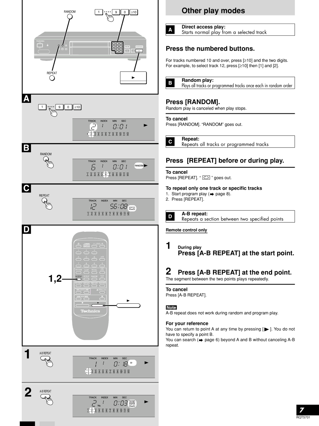 Panasonic SL-PG4 manual Other play modes, Press the numbered buttons, Press Random, Press Repeat before or during play 