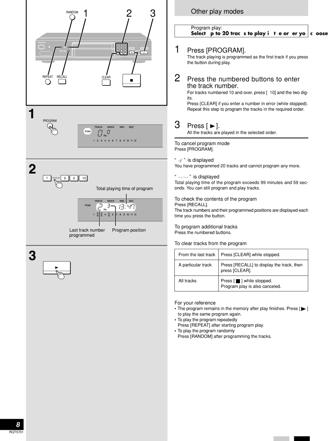 Panasonic SL-PG4 manual Other play modes, Press Program, Press the numbered buttons to enter the track number 