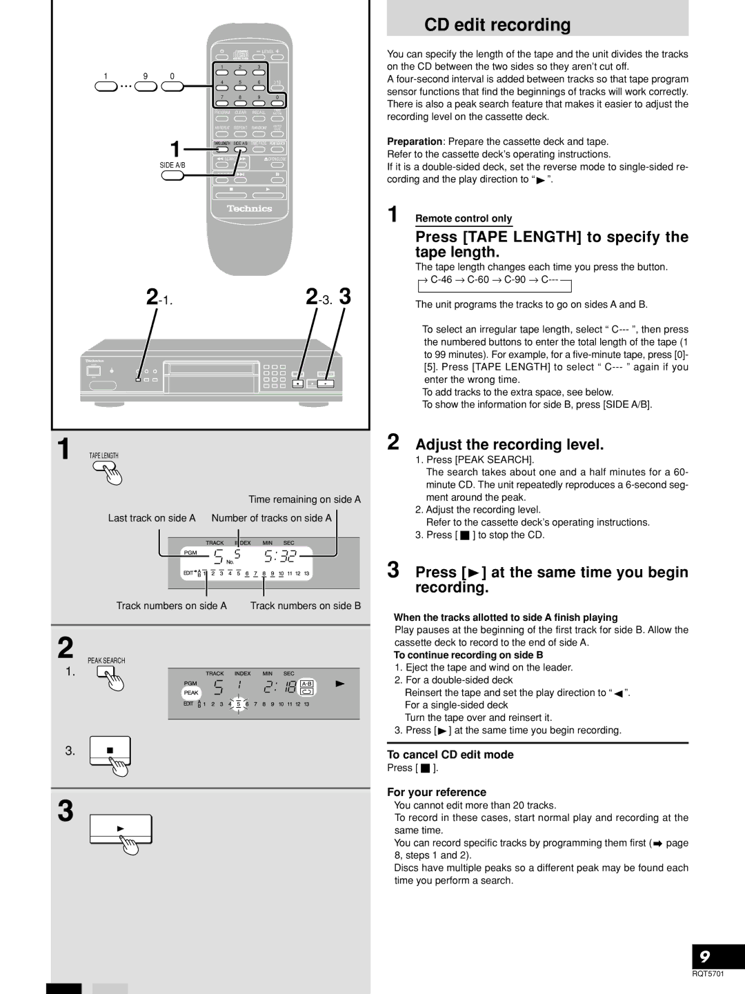 Panasonic SL-PG4 manual CD edit recording, Press Tape Length to specify the tape length, Adjust the recording level 