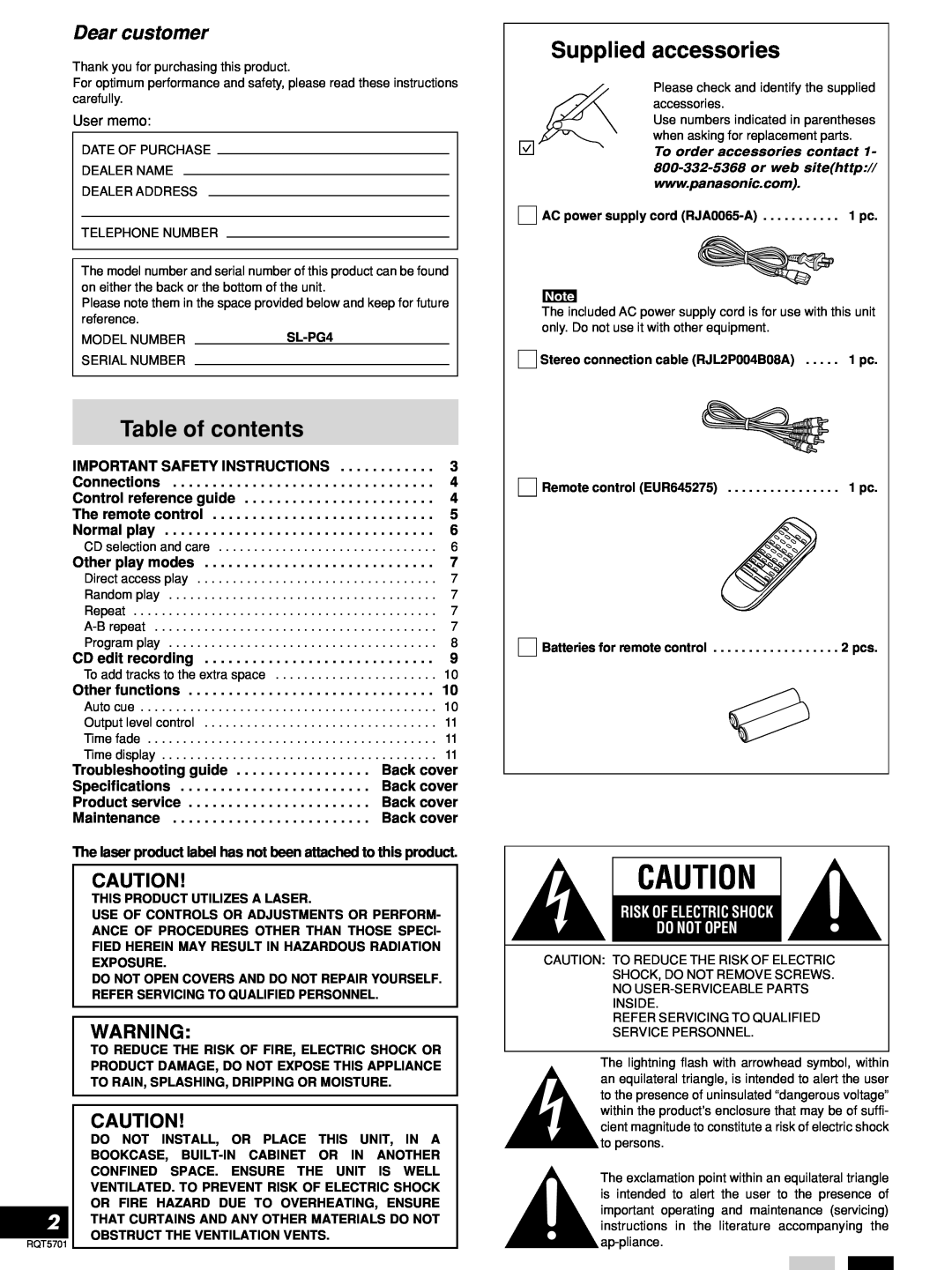 Panasonic SL-PG4 manual Table of contents, Supplied accessories, Dear customer, Risk Of Electric Shock Do Not Open 