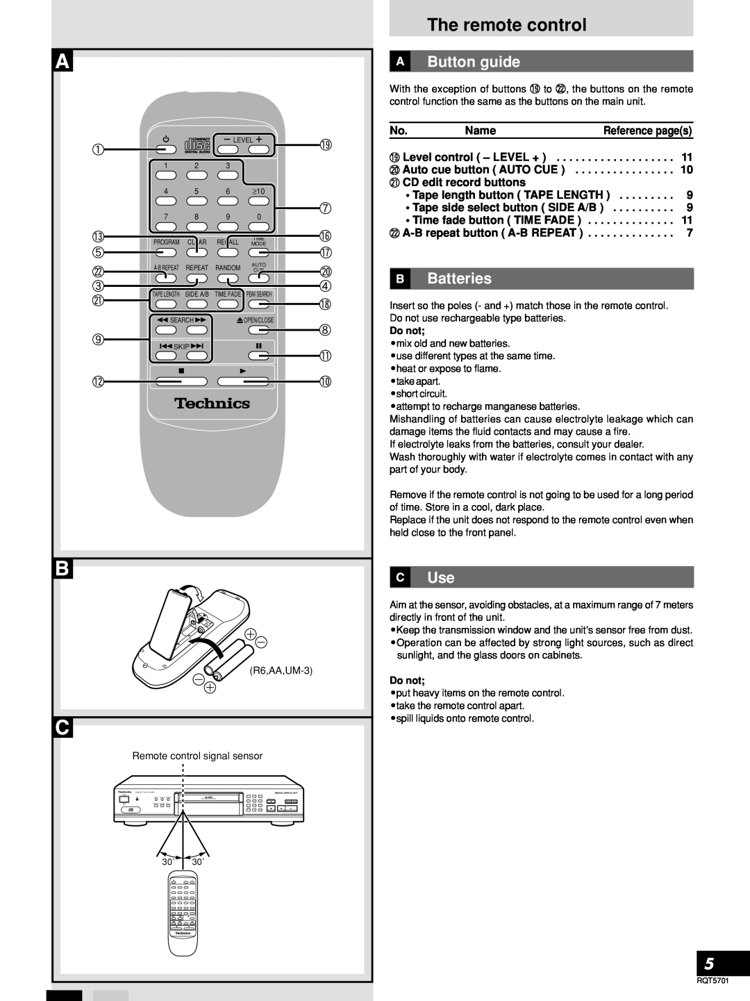 Panasonic SL-PG4 manual The remote control, Button guide, Batteries 
