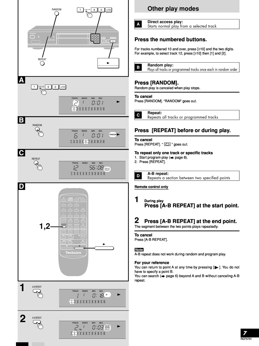 Panasonic SL-PG4 manual Other play modes, Press the numbered buttons, Press RANDOM, Press REPEAT before or during play 