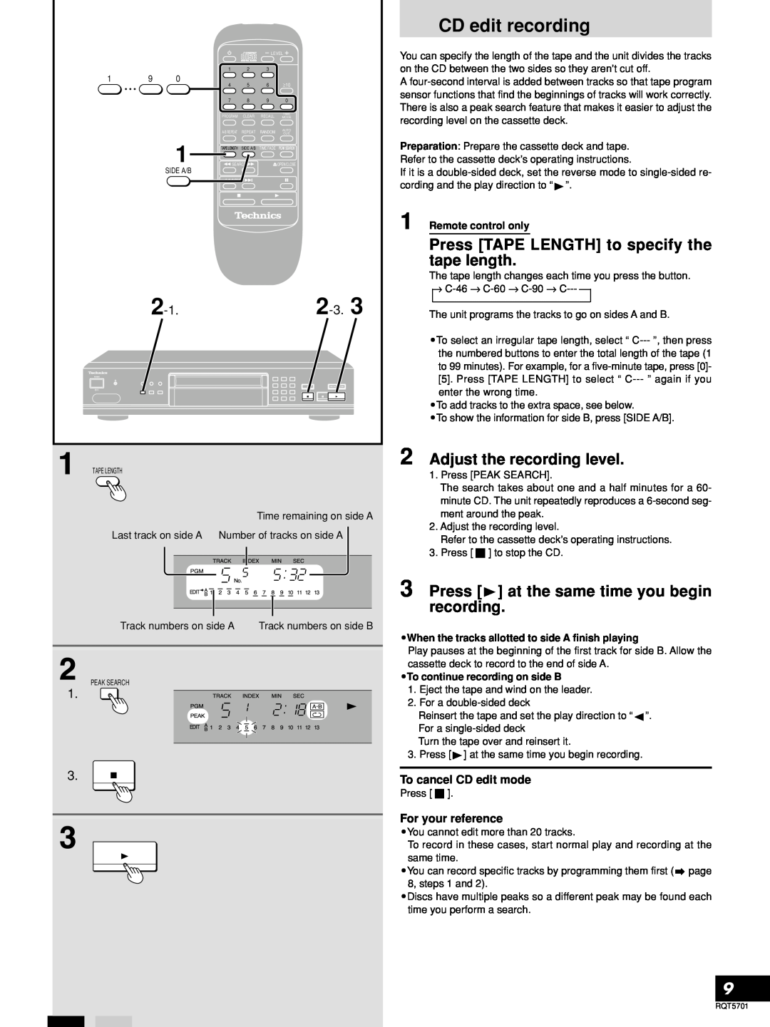 Panasonic SL-PG4 manual CD edit recording, Press TAPE LENGTH to specify the tape length, Adjust the recording level, 2-3 