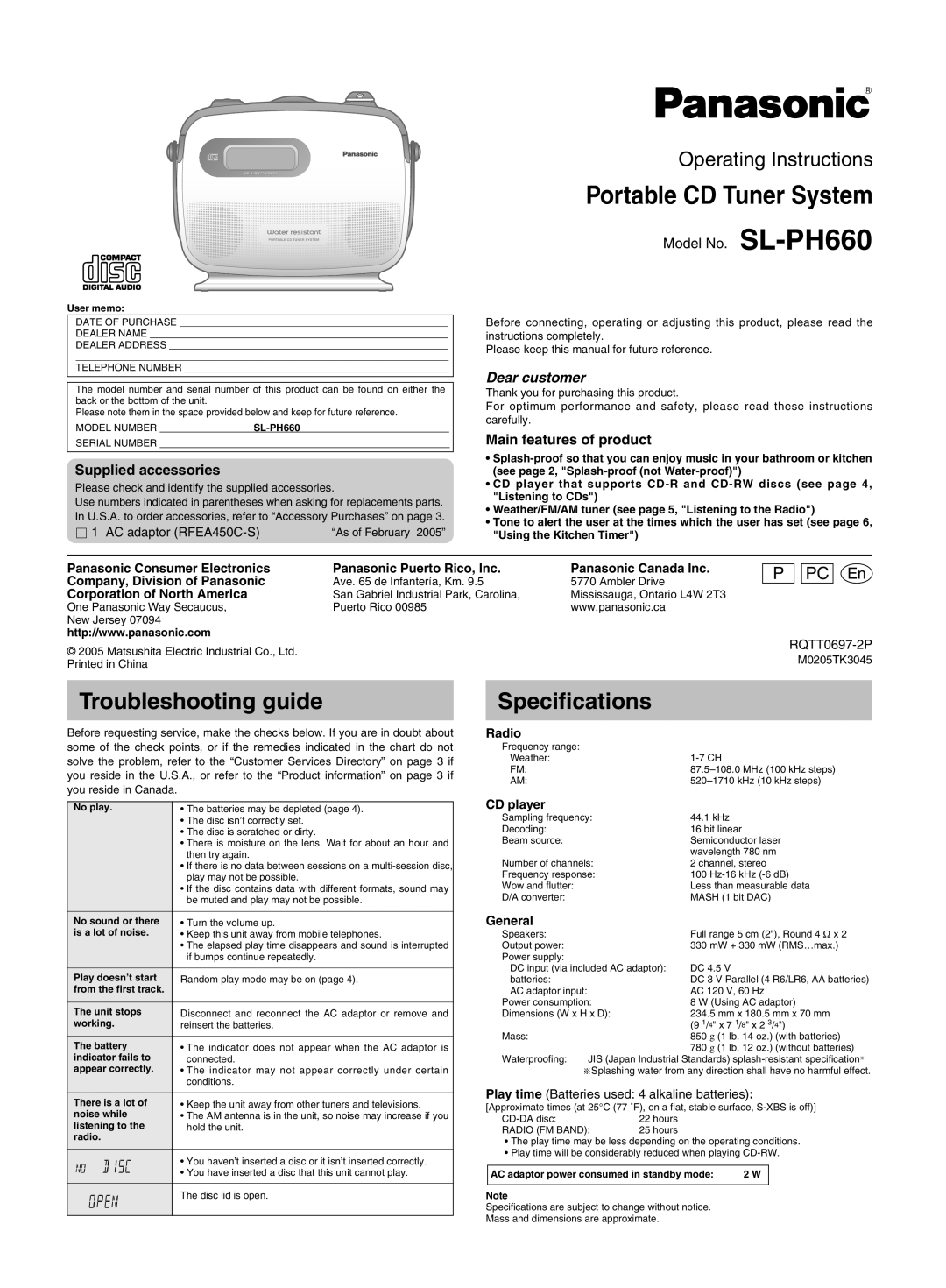 Panasonic SL-PH660 operating instructions Troubleshooting guide, Specifications, Supplied accessories 