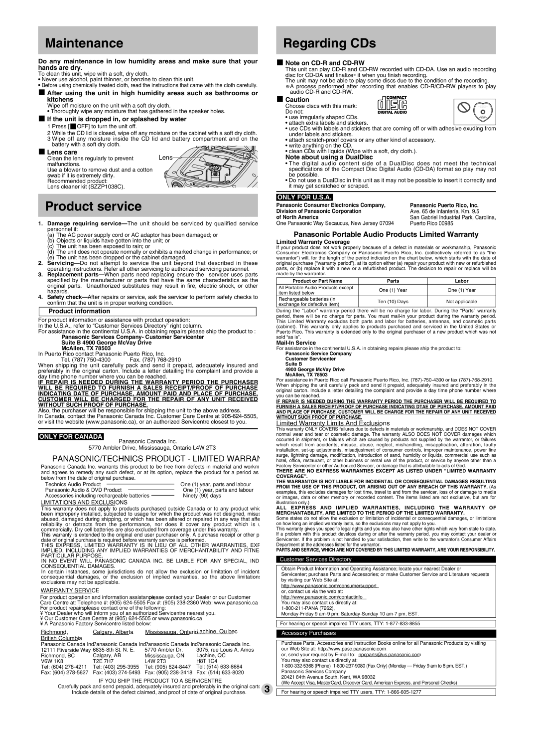 Panasonic SL-PH660 Maintenance, Regarding CDs, Product service, Panasonic Portable Audio Products Limited Warranty 