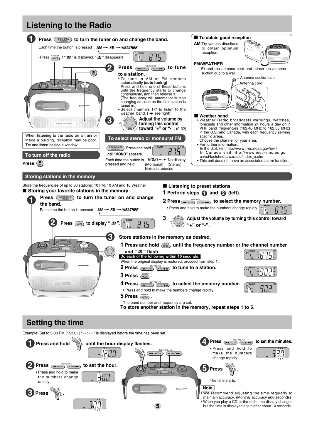 Panasonic SL-PH660 operating instructions Setting the time, To turn off the radio, To select stereo or monaural FM 