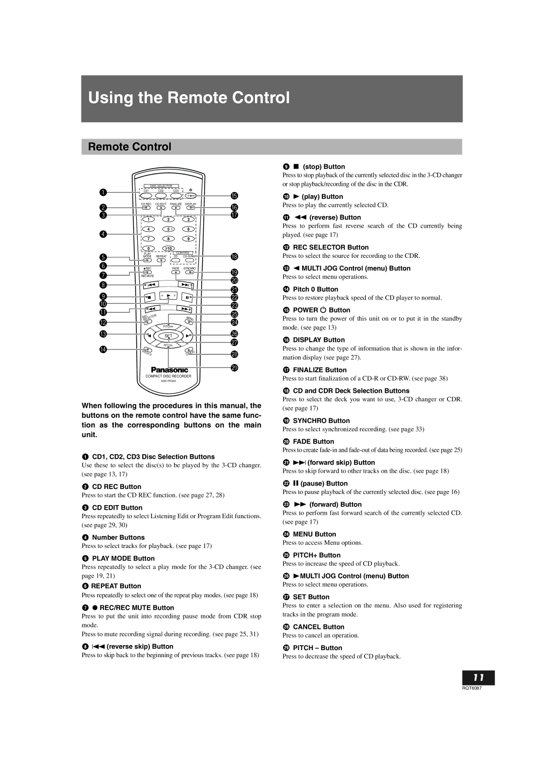 Panasonic SL-PR300 operating instructions Using the Remote Control 