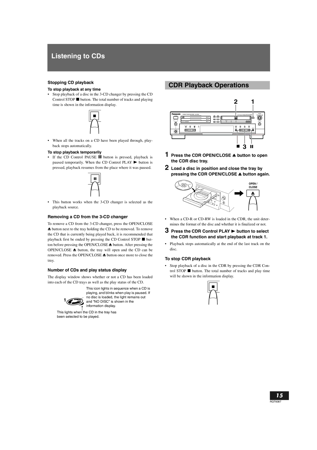 Panasonic SL-PR300 operating instructions Listening to CDs, CDR Playback Operations 