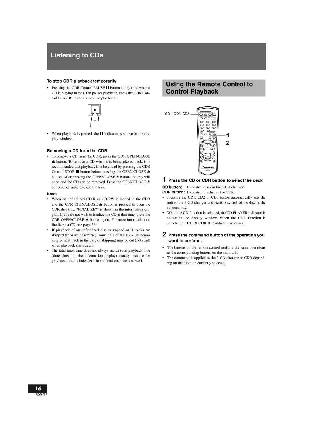 Panasonic SL-PR300 operating instructions Using the Remote Control to Control Playback, To stop CDR playback temporarily 