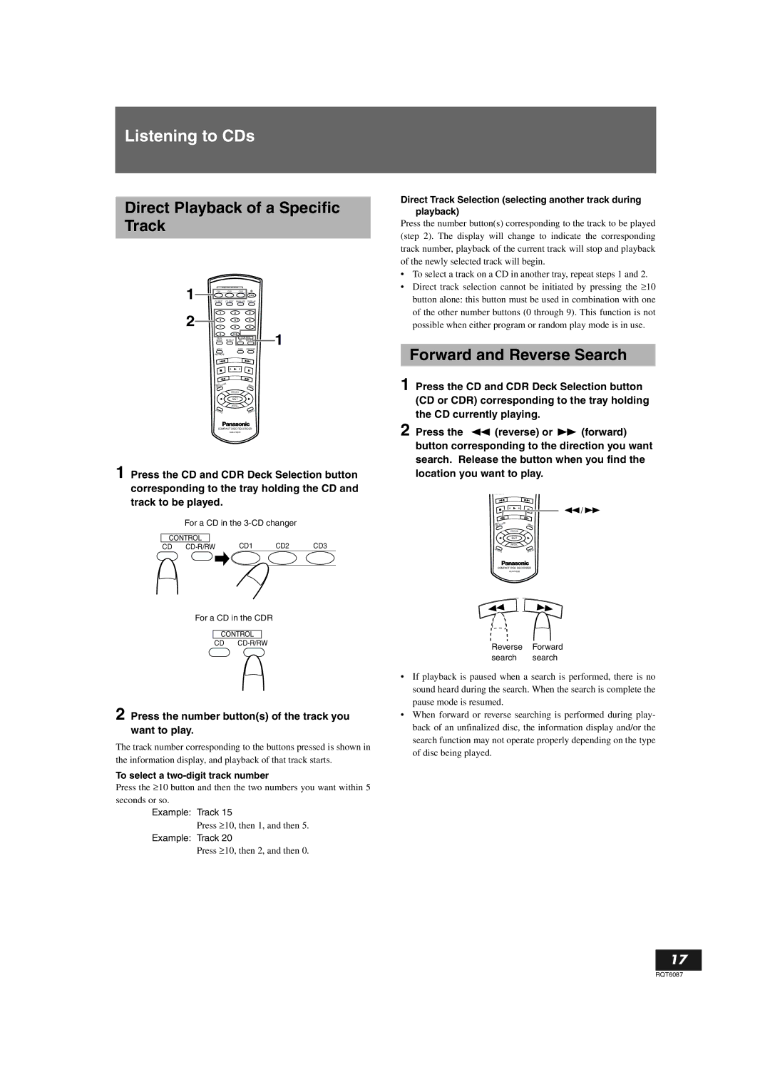 Panasonic SL-PR300 Direct Playback of a Specific Track, Forward and Reverse Search, To select a two-digit track number 