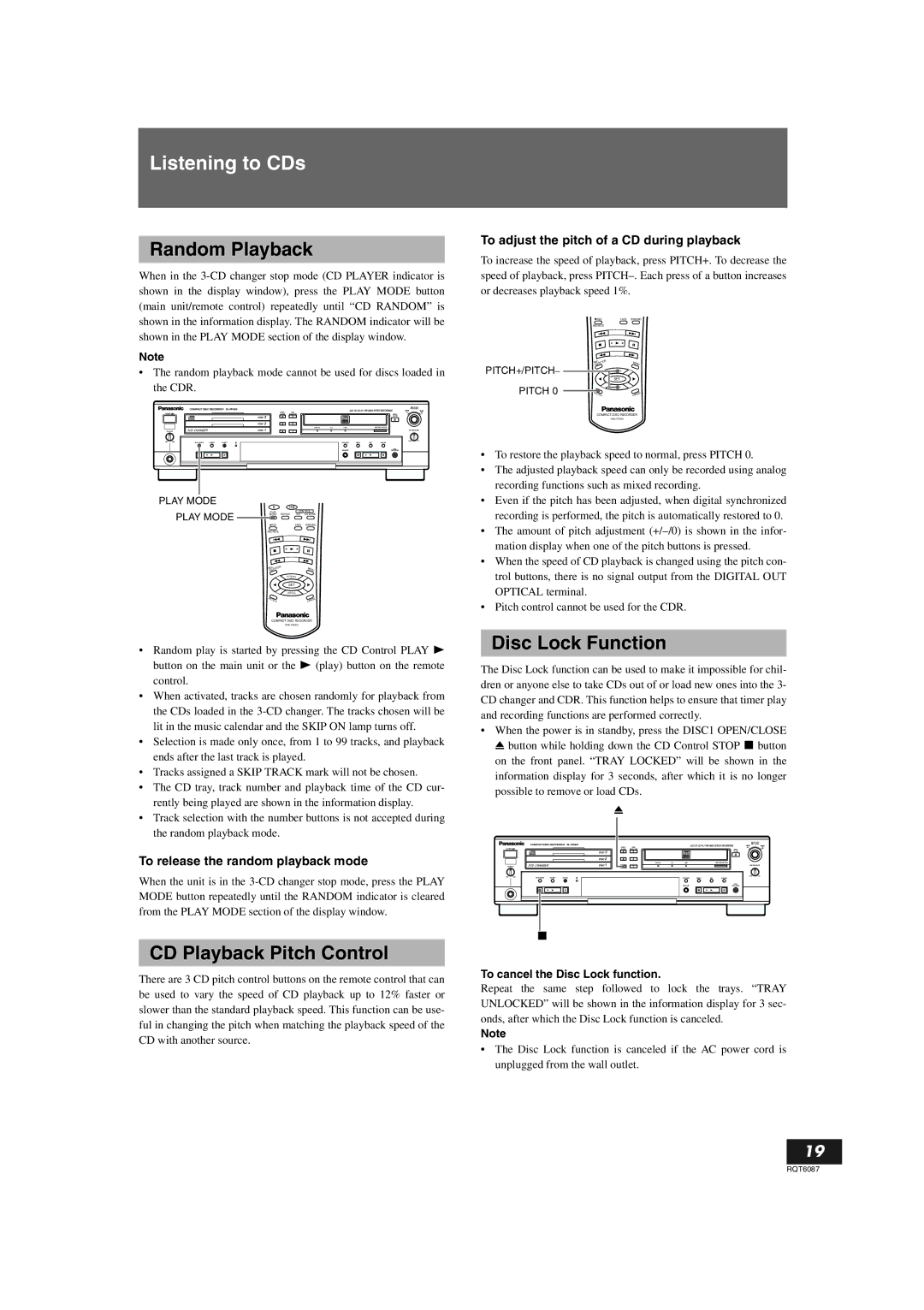 Panasonic SL-PR300 Random Playback, CD Playback Pitch Control, Disc Lock Function, To release the random playback mode 