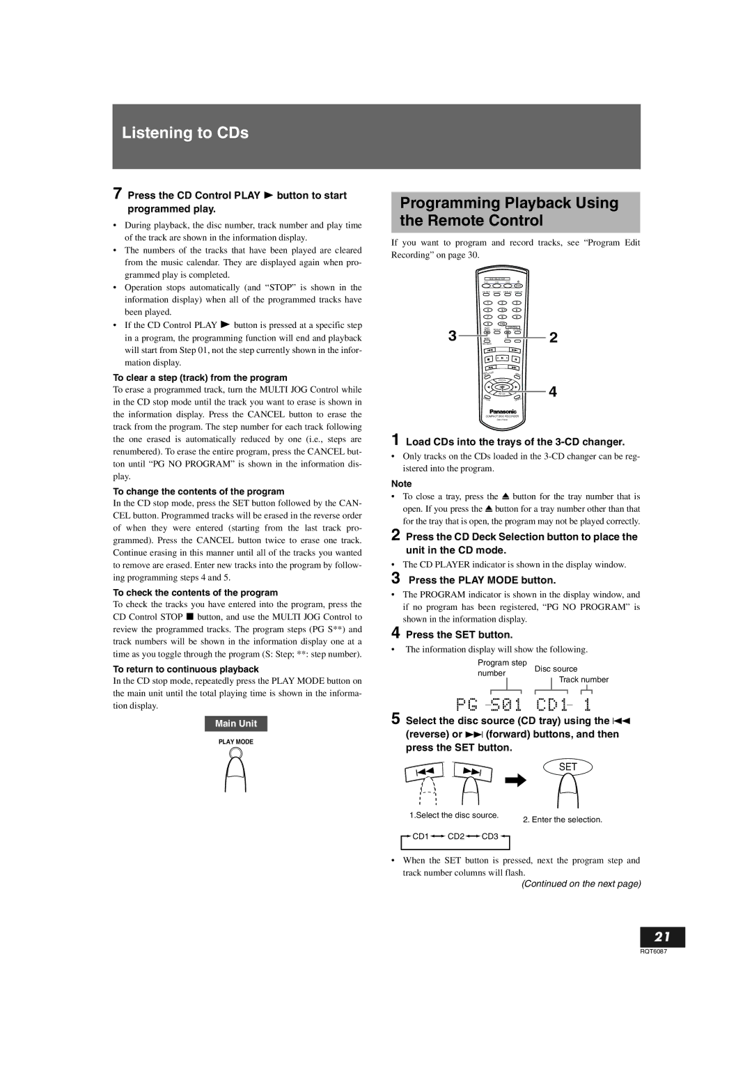 Panasonic SL-PR300 Programming Playback Using the Remote Control, Press the Play Mode button, Press the SET button 