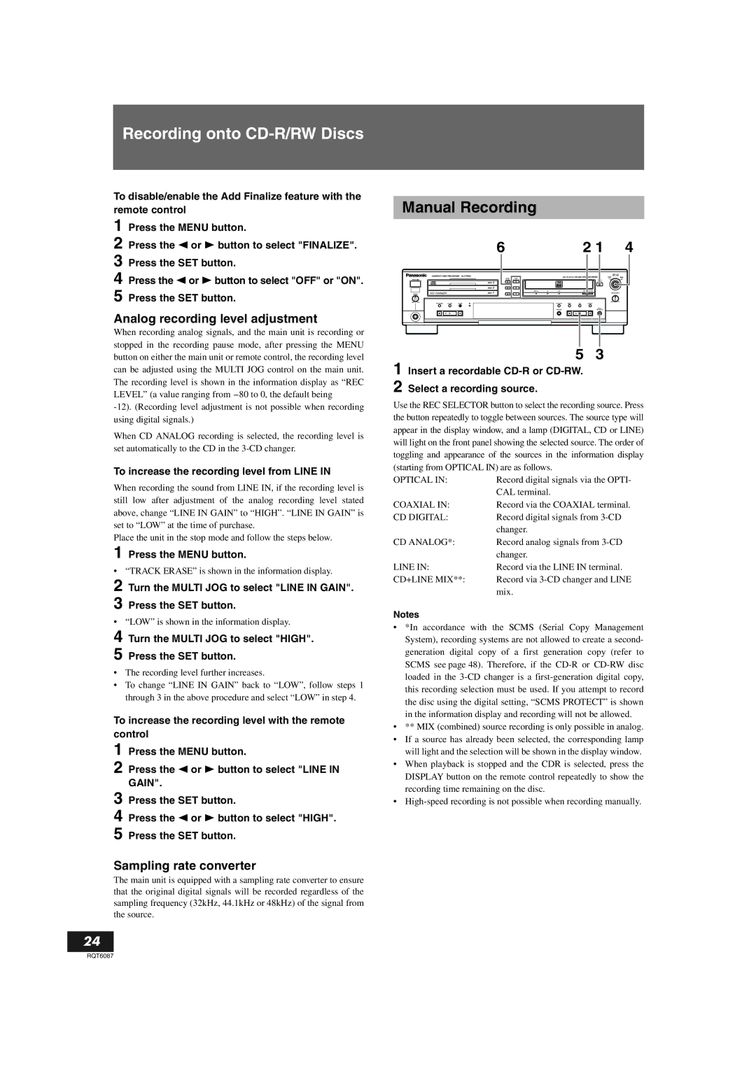 Panasonic SL-PR300 Recording onto CD-R/RW Discs, Manual Recording, To increase the recording level from Line 