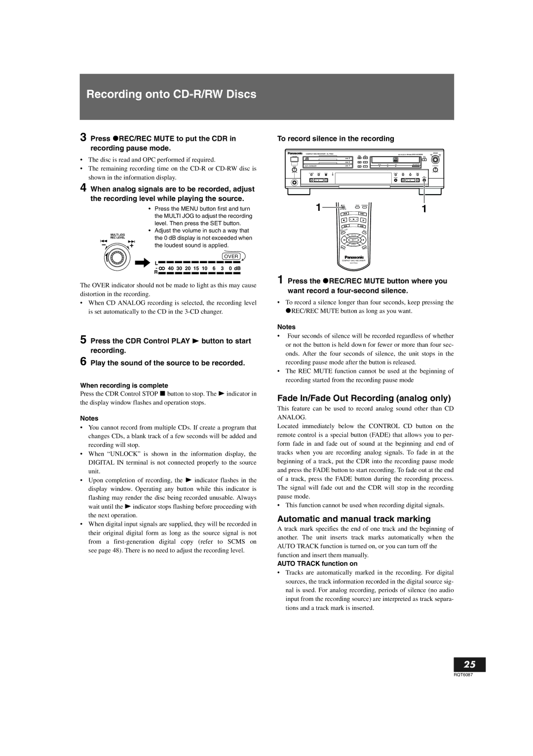 Panasonic SL-PR300 Press 1REC/REC Mute to put the CDR in recording pause mode, To record silence in the recording 