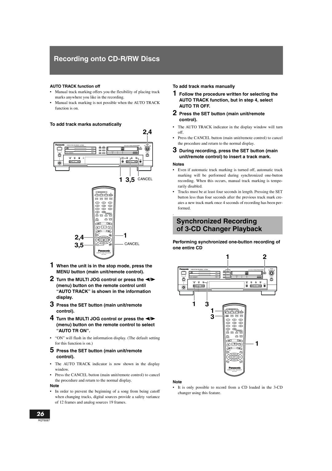 Panasonic SL-PR300 operating instructions Synchronized Recording of 3-CD Changer Playback, To add track marks automatically 