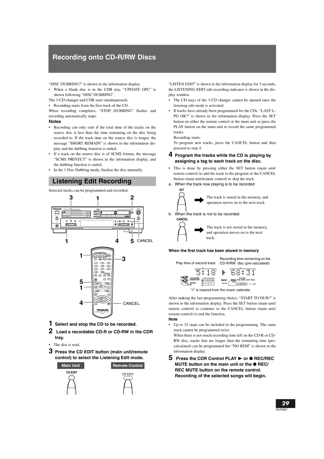 Panasonic SL-PR300 operating instructions Listening Edit Recording, When the first track has been stored in memory 