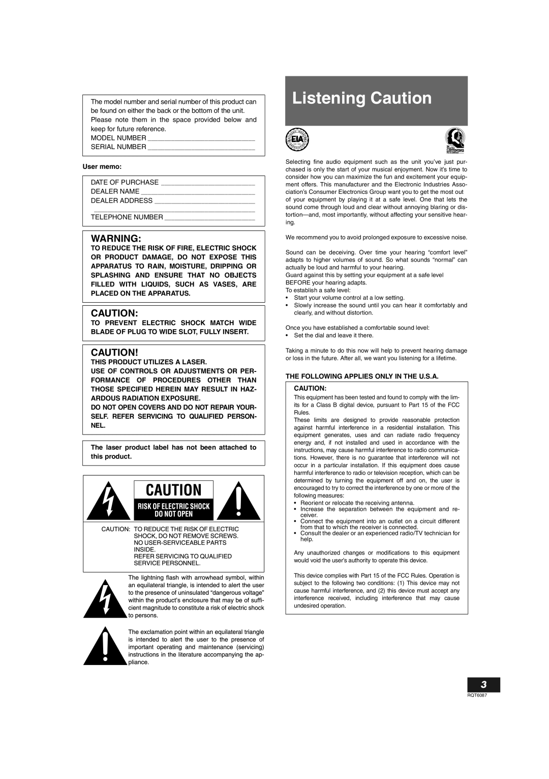 Panasonic SL-PR300 Listening Caution, User memo, Laser product label has not been attached to this product 