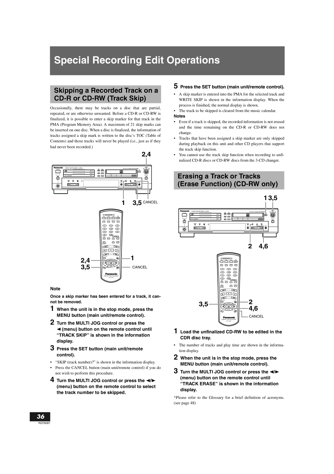 Panasonic SL-PR300 Special Recording Edit Operations, Skipping a Recorded Track on a CD-R or CD-RW Track Skip 