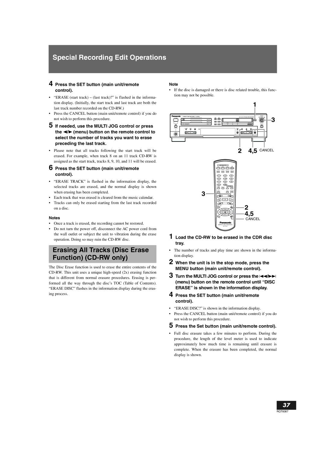 Panasonic SL-PR300 Special Recording Edit Operations, Erasing All Tracks Disc Erase Function CD-RW only 