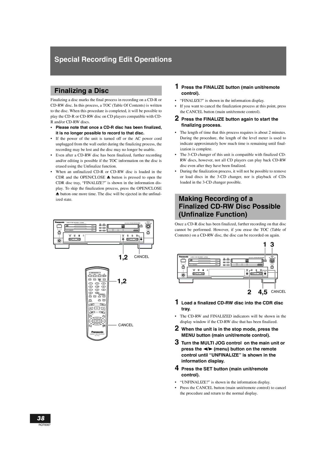 Panasonic SL-PR300 operating instructions Finalizing a Disc, Press the Finalize button main unit/remote control 