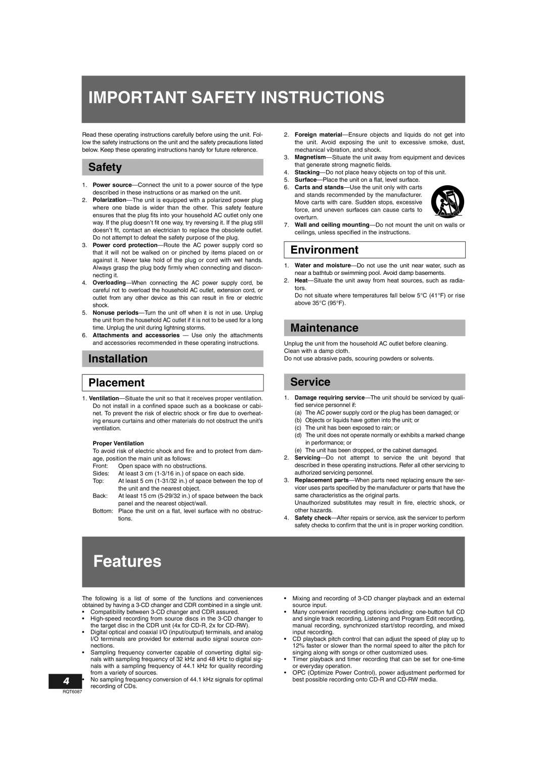 Panasonic SL-PR300 operating instructions Features 